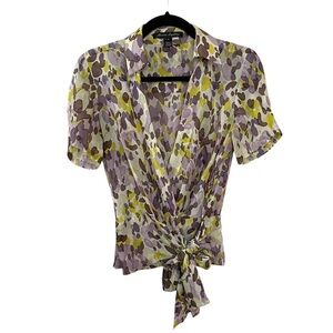 SANDRA ANGELOZZI Silk Watercolour Print Short Sleeve Cropped Wrap Blouse M
